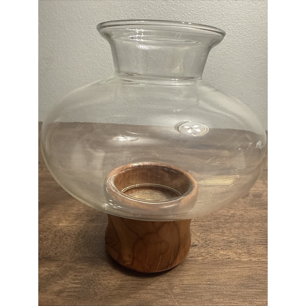 Vintage MCM Dolphin Teak Wood And Glass Hurricane Candle Holder